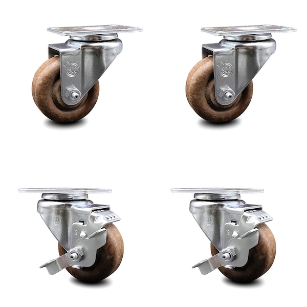 3.5 Inch High Temp Glass Filled Nylon Swivel Top Plate Caster Set with 2 Brakes